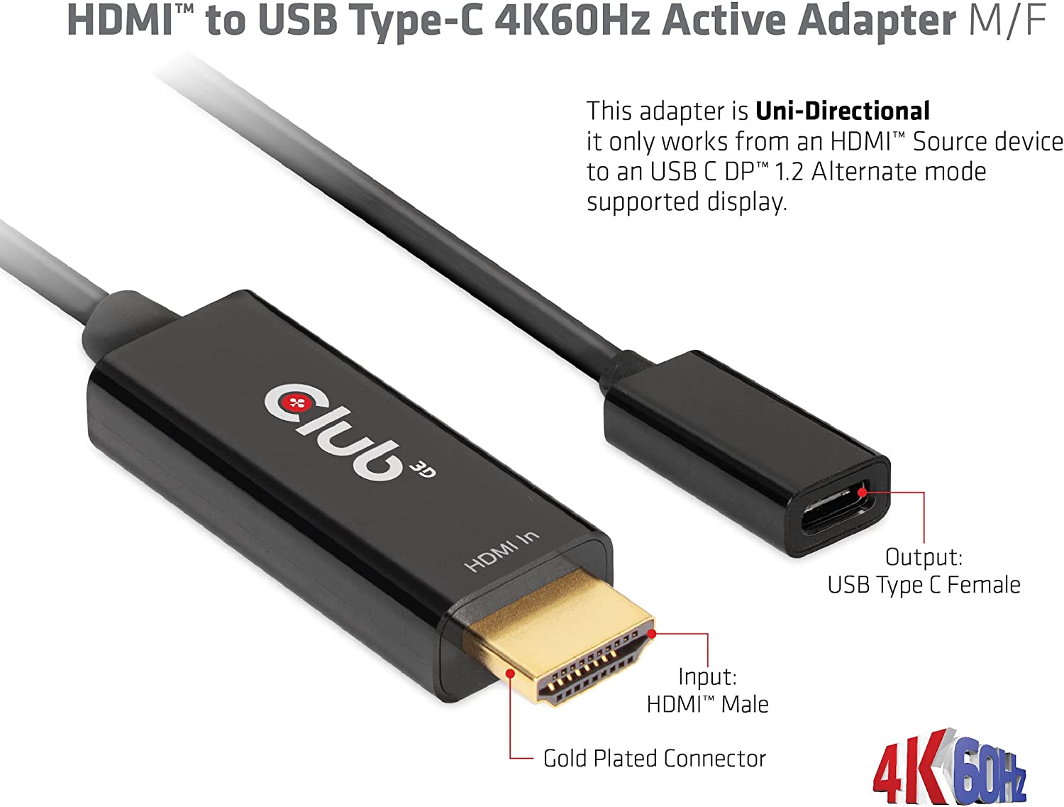 Club3D HDMI to USB Type-C 4K60Hz Active Adapter, Black