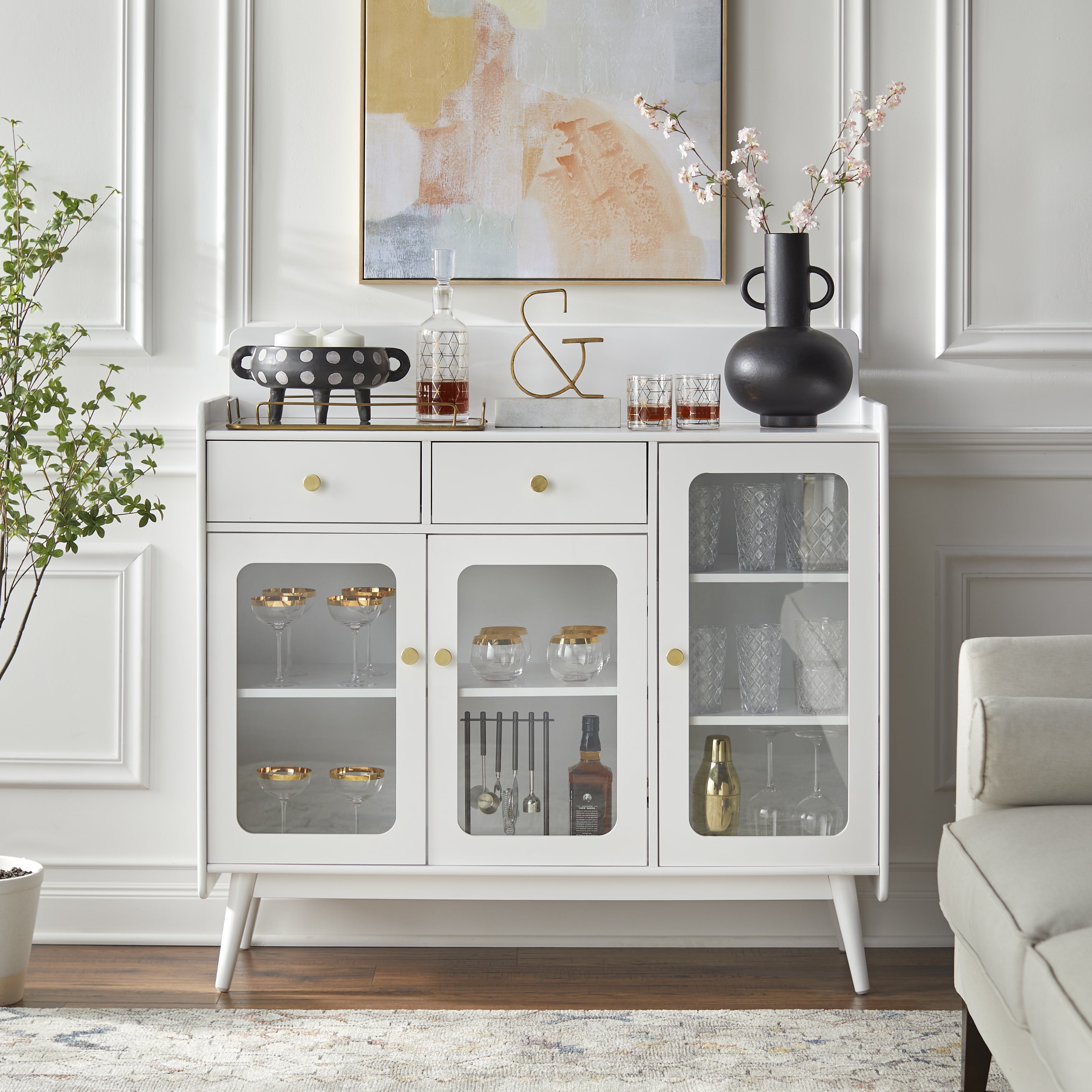 TMS Conlee 47" Vintage Buffet with Three Glass Doors, Two Drawers, and Three Adjustable Shelves, White