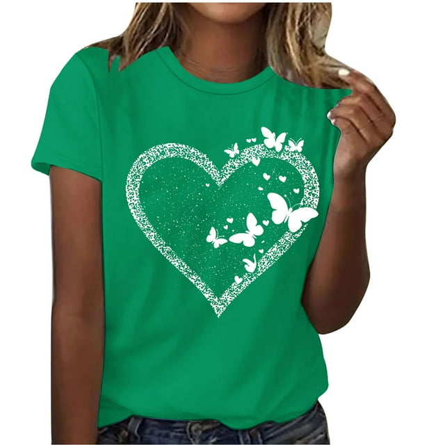 Floleo T-Shirt à Col Rond Imprimé pour Femme Lover à Manches Courtes Confortable Polyvalent Tenue Décontractée Haut Stylé (Vert, 3TG)