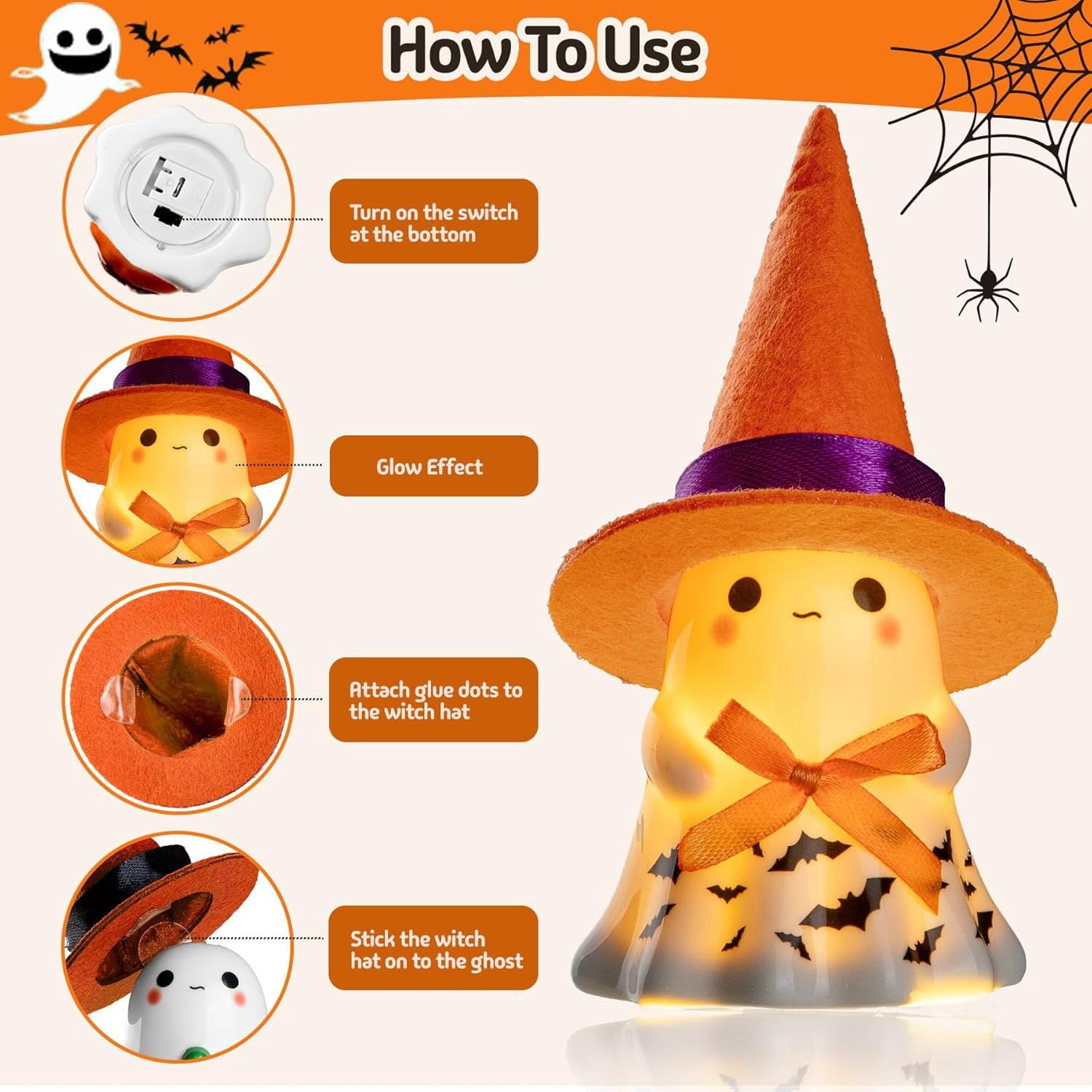 Halloween Decorations Indoor, 3Pcs Cute Spooky Ceramic Ghost Halloween Decorations, Ghost Figurines with Hats, Adorable Tabletop Decor for Mantel, Party, Home, Porch Decor