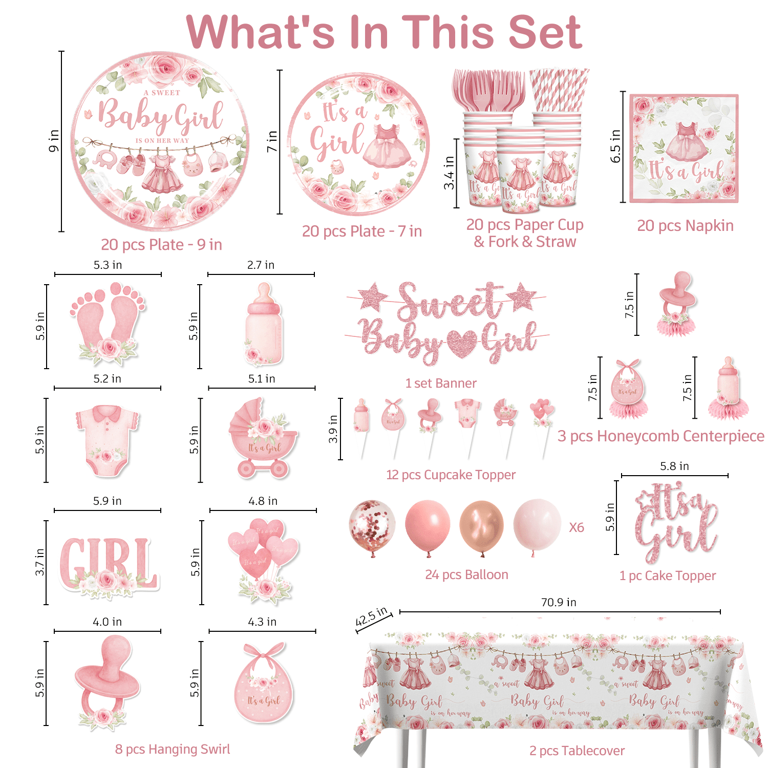 morabloomy Its a girl Baby Shower Decorations Tableware Set Severs 25 Guests, Pink Floral Girl Baby Shower Decorations 213Pcs