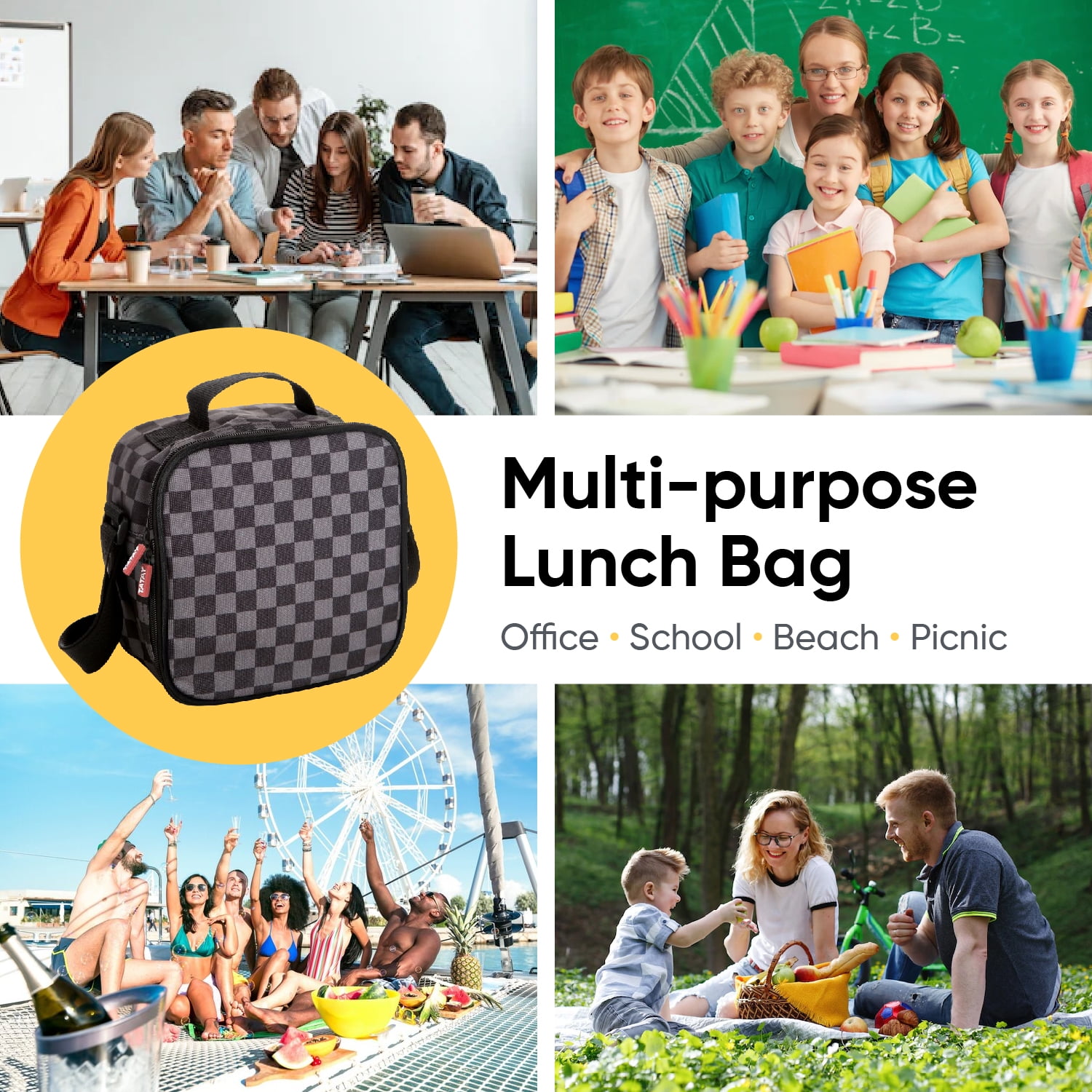 Superio Insulated Lunch Bag with Containers for Men/Kids Reusable, Leak Proof Containers for Travel, and Beach, Grey Checked Small School Lunch Box