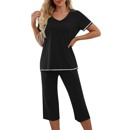 

RQYYD Pajamas Sets for Womens Pajama Set Short Sleeve Shirt and Capri Pants Sleepwear Pjs Set with Pockets V Neck Solid Color Comfy Cozy Pjs Sets