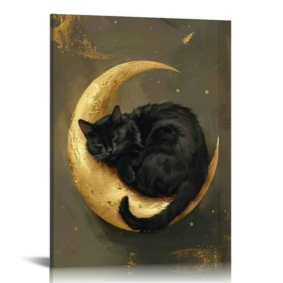 Vintage Halloween Black Cat and moon Canvas Wall Art Painting,Gothic Print Pictures for Home Wall Decor Horror Creepy Dark Posters for Living Room Home Halloween Party Decor Framed