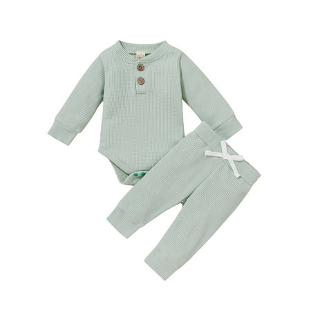 

PBaeM Baby Newborn Unisex Wafer Cloth Long Sleeve Romper Playsuit Pants 2 Piece Outfit Sets