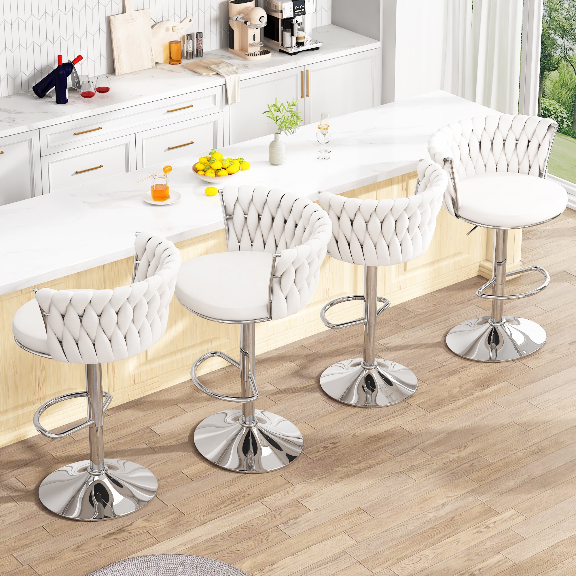 AWQM Swivel Bar Stools Set of 4, Velvet Upholstered Kitchen Island Chairs, Bar Chairs Adjustable Counter Stool, Counter Height Barstools Bar Chairs,Pub Stools with Back & Footrest, Beige