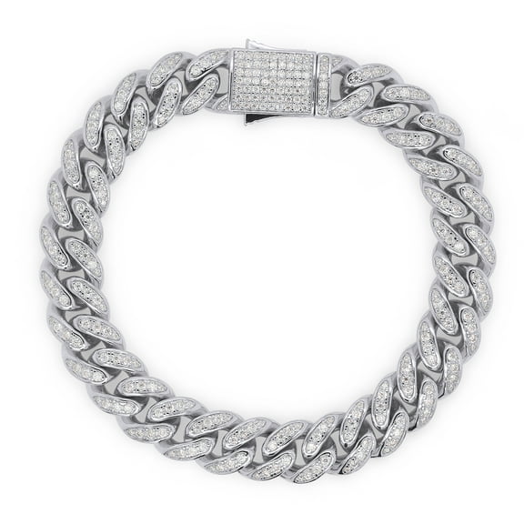 AFFY Moissanite Diamond 10MM Width Cuban Chain Bracelet 14K White Gold over Silver Jewelry For Men-7.5