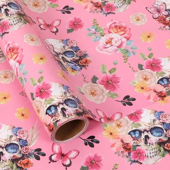 Gothic Wrapping Paper Roll, 23 Inch x 58 Inch Skull Floral Berry Design Gift Wrap Paper for Mother's Day, Birthday Bridal Shower