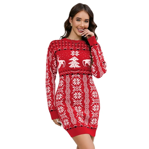 Women's Ugly Christmas Sweater Long Sleeve Round Neck Slim Mini Dress