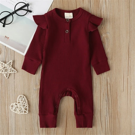 

Spring hue Baby Spring Romper Solid Color Long Ruffle Sleeve Round Neck Outfit Ribbed Button Closure One-piece Jumpsuit