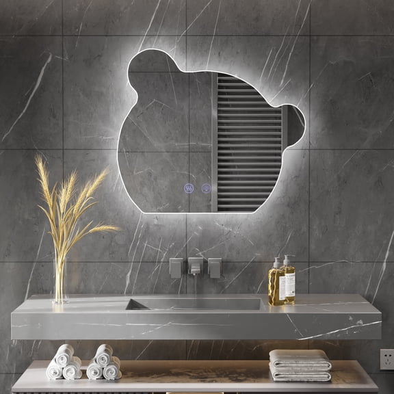 Wonline Bathroom Vanity Mirror for Decor,32" X 27" Frameless Irregular Mirror with LED-Lights