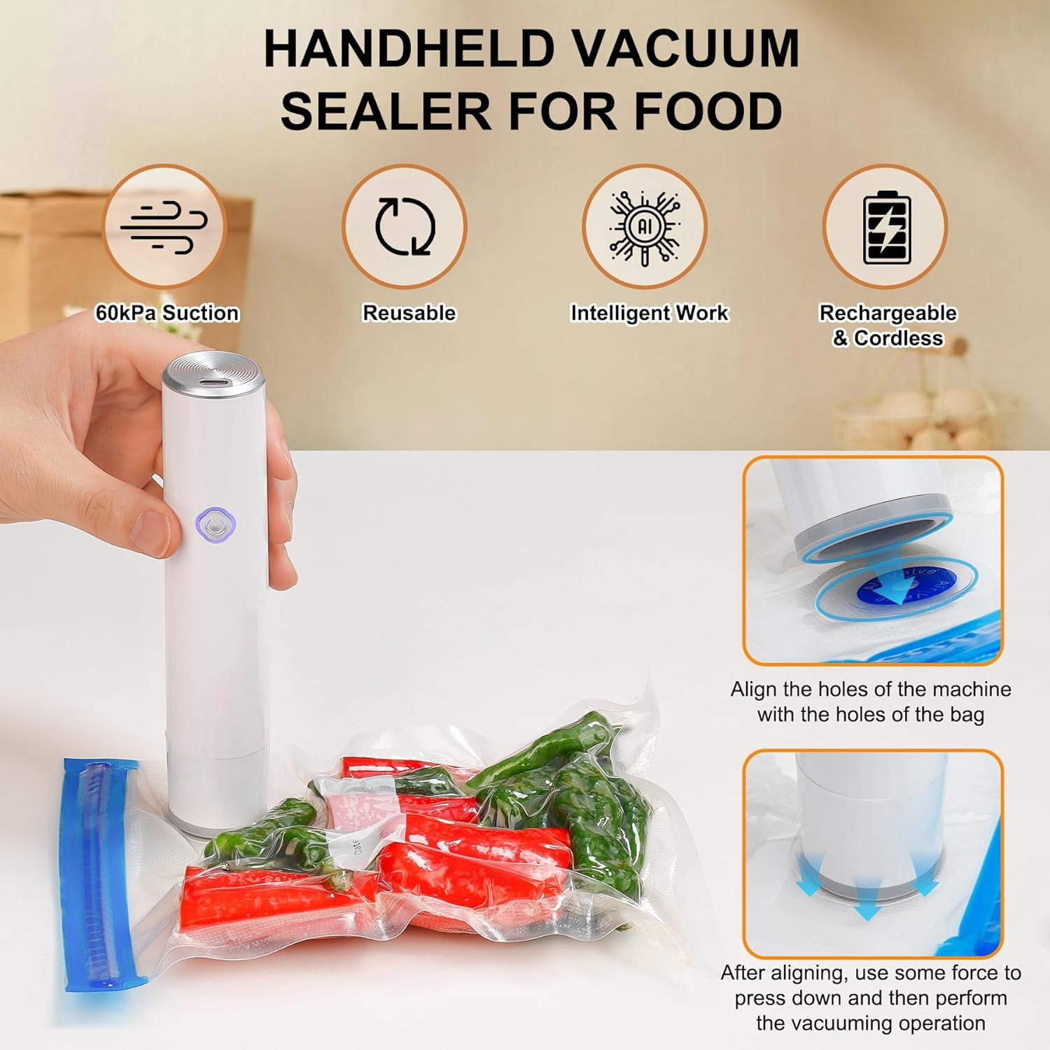 Compact Vacuum Sealer for Food (Vacuum Sealer Machine + 5 Reusable Vacuum Bags) Powerful Handheld Vacuum Sealer Machine, Seal Meal Saver, Portable Food Sealer