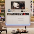 thumbnail image 3 of Hiphuta 63" Wide Farmhouse TV Stand Fits Up to 70 Inch TVs, Entertainment Center with RGB LED Lights, Wood Grain Media Console with Charging Station, White, 3 of 9