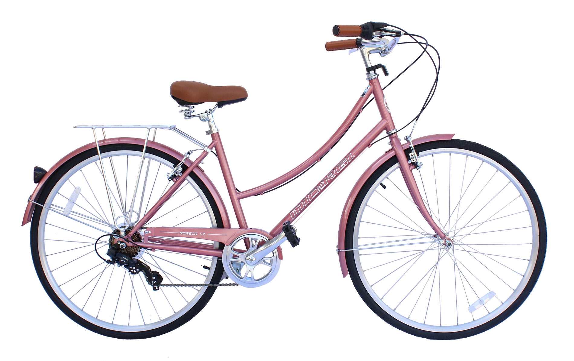Wonder Wheels City Bike 700C 39 Cm/15.5" Hi-Ten Steel Frame, Shimano Tz21-7 Speed V-Brake, Alloy Rims 700C*14G*32H, Tire:700Cx35 Black. With Back Rack - Rose Gold