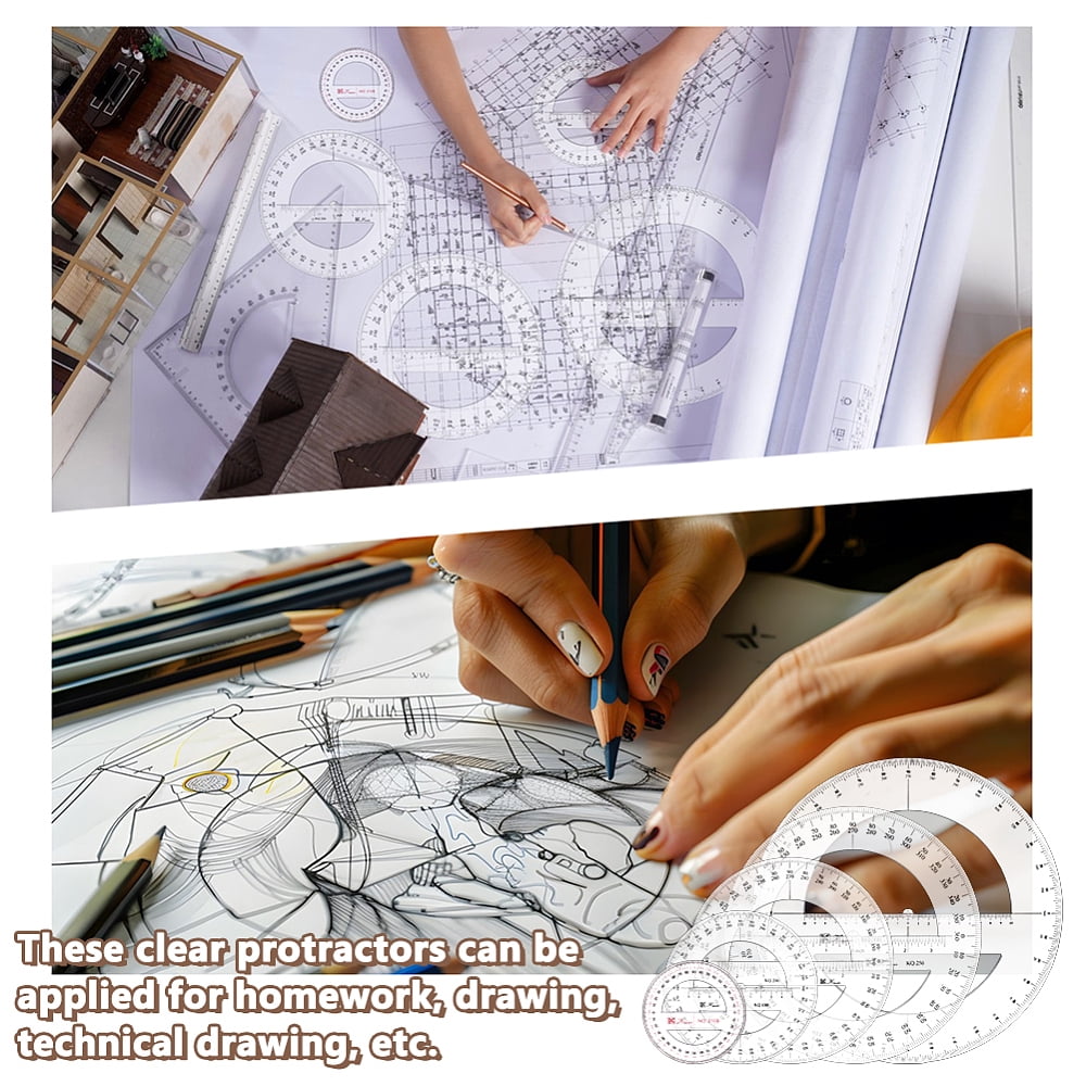 5Pcs 5 Styles Plastic 360 Degree Protractor Ruler Flat Round Clear 102~300x2.5mm 1pc/style