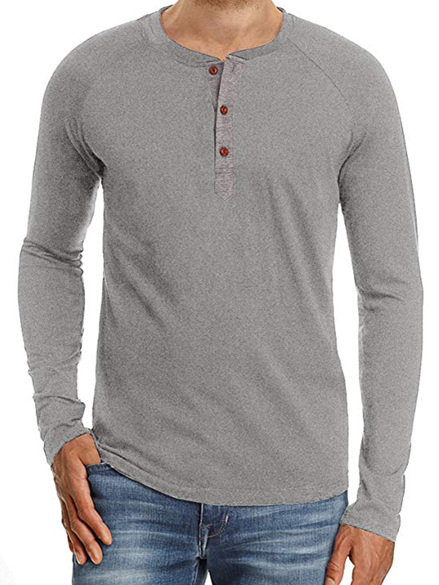 New Mens Henley Shirt T-shirts Shirts Long Sleeve Placket Pullover Comfy Button 