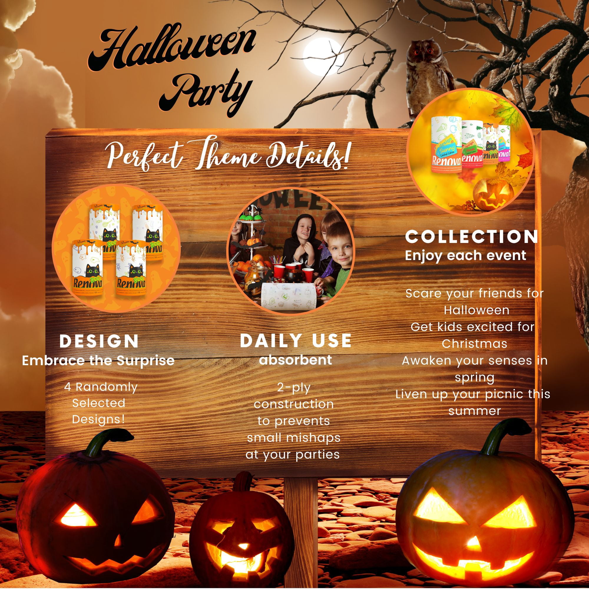 Renova Halloween Paper Towels, 3 Rolls, 120 Sheets Per Roll