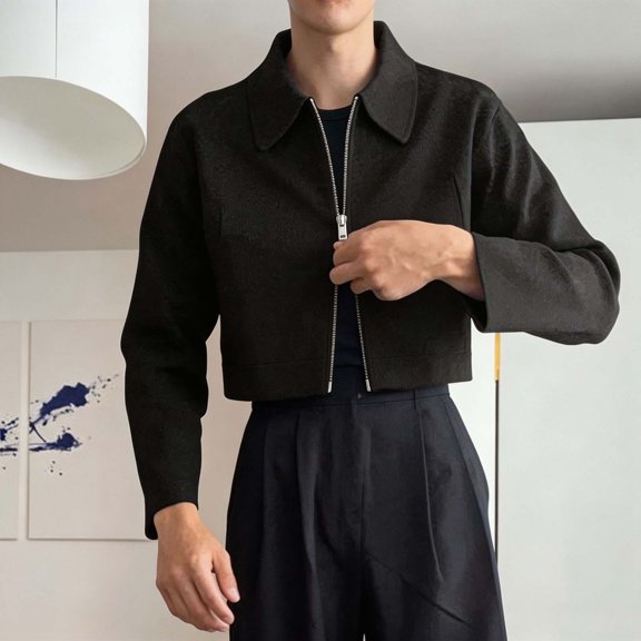Ceisia Men Solid Cropped Full Zip Point Collar Long Sleeve Casual Streetwear Jacket Daily Layering Outerwear Gift