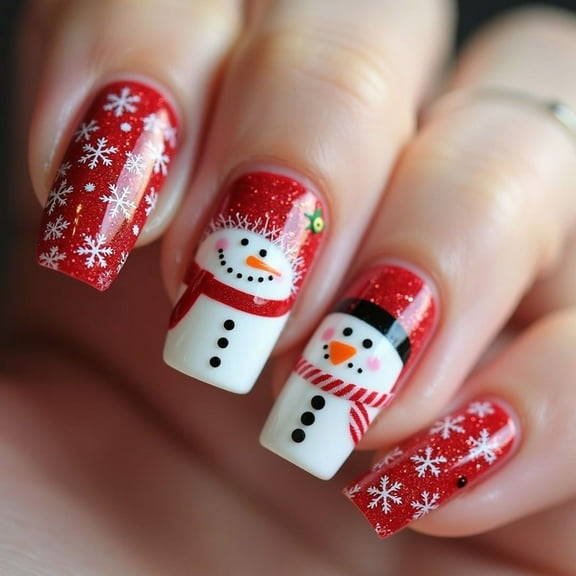 White Snowflake Press On Nails Mediums Square Artificial Nails Snowman Full Covers on Nails Christmas False Nails