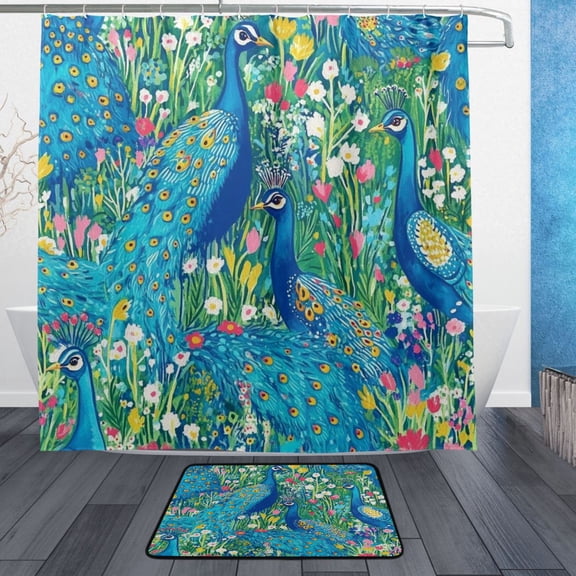 Regal Peacocks Bathroom Accessory Sets Waterproof Shower Curtain with Anti-Slip Bath Mat Durable Combo