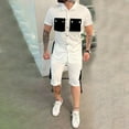 thumbnail image 2 of VBTAPA Men's 2 Piece Outfits Color Block Fashion Casual Tracksuit Short Sleeve Cotton Shirt and Shorts Set Summer Hipster Streetwear Limited Time Sales White L, 2 of 7