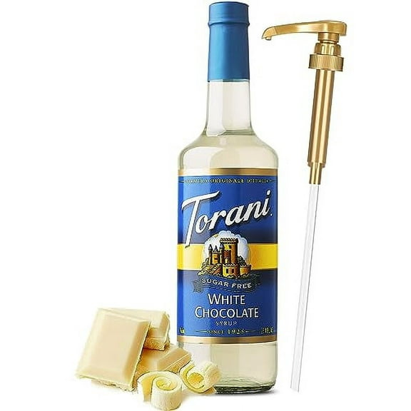 Torani Sugar Free White Chocolate Syrup with Little Squirt Syrup Pump, 750ml 25.4 Ounces