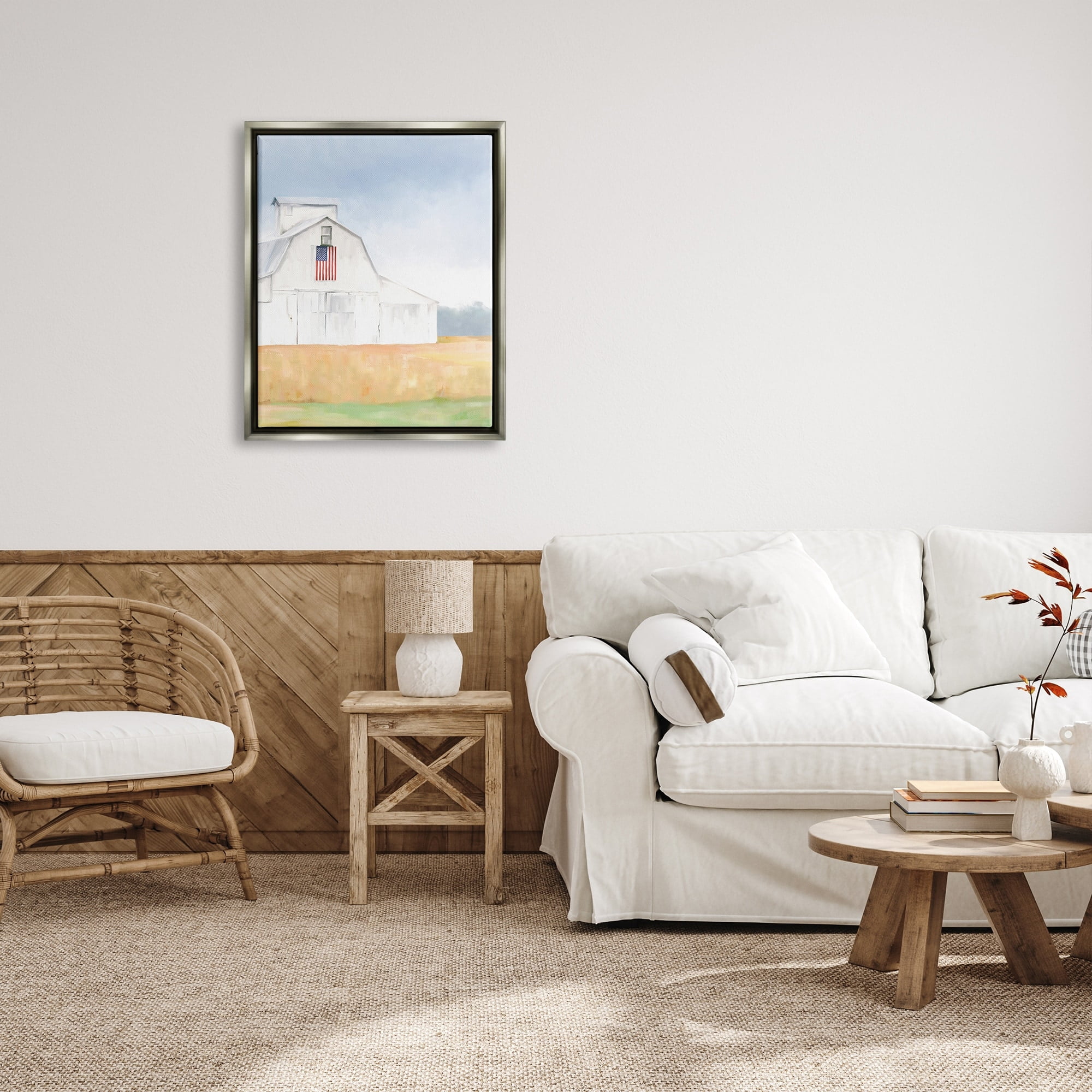 Stupell Industries American Flag White Country Barn Rural Scenery Painting Luster Gray Floating Framed Canvas Print Wall Art, Design by Amy Hall