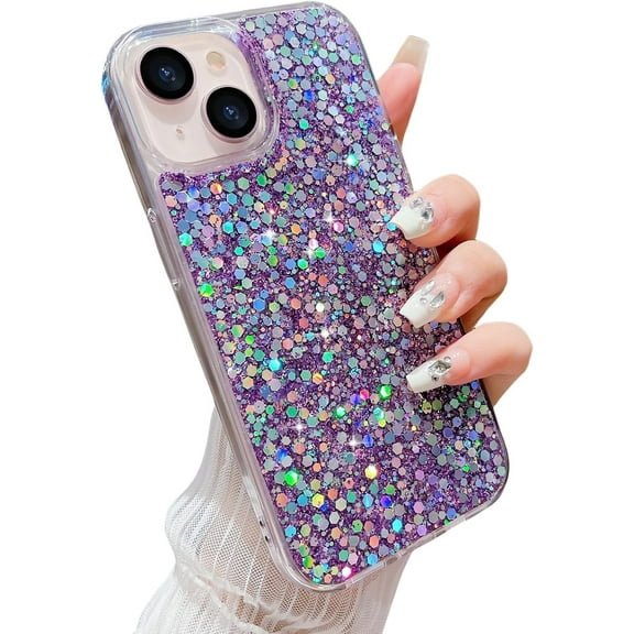 for iPhone 15 Case Bling Glitter for Women Girls Cute Shiny Sparkle Sequin Stars, Soft TPU Silicone Cover Shockproof Anti-Scratch Protective Phone Case for iPhone 15 6.1 inch, Purple