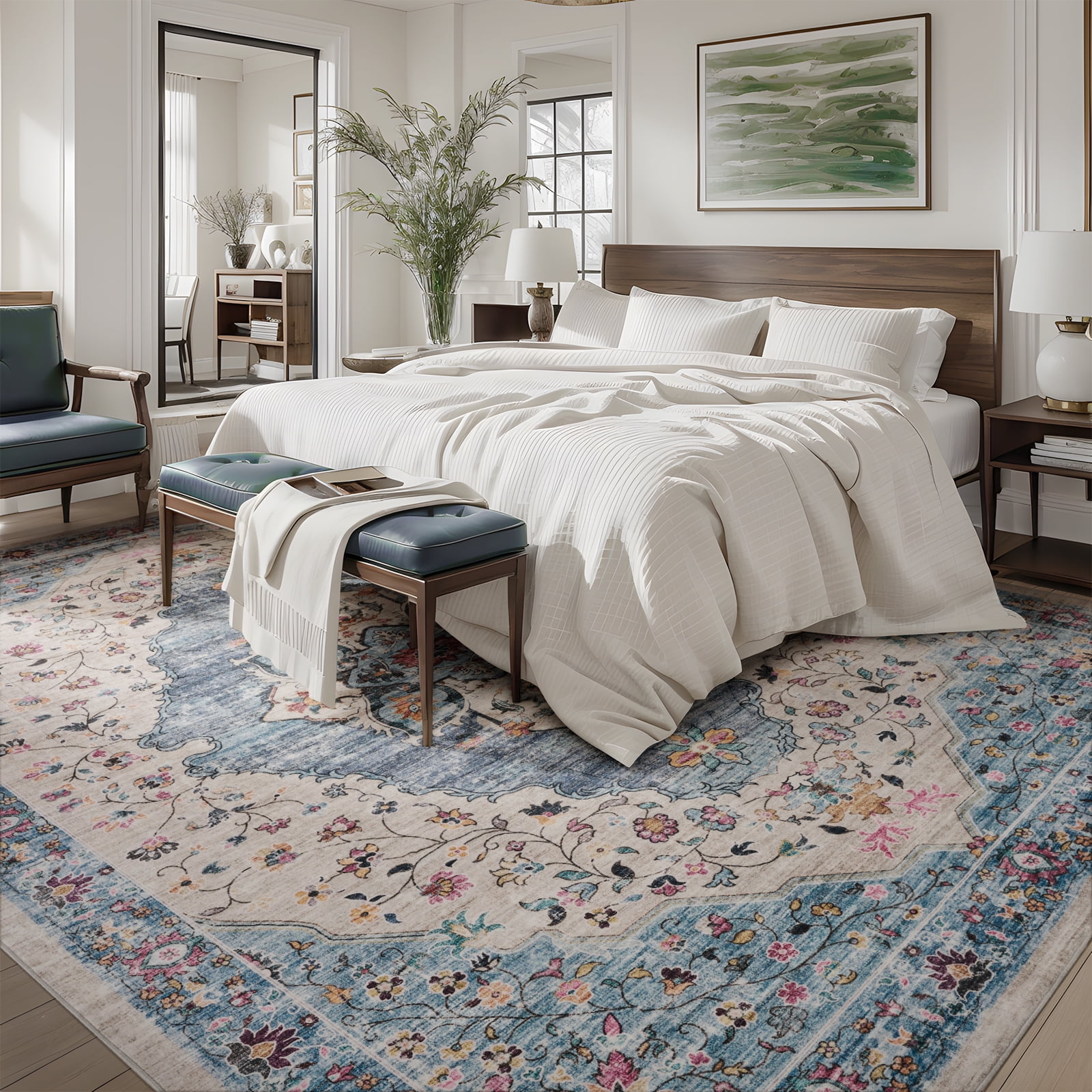VUNATE 5'x7' Area Rugs for Living Room Washable Rugs Floral Vintage Area Rug Botanical Indoor Carpet Soft Rugs for Bedroom Office Dining Room Kitchen Accent Rug Contemporary Home Decor Blue