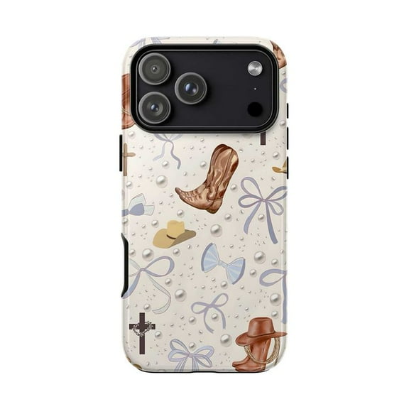 Western Cowgirl Pattern Phone Case, Boots Hat Bows Pearls & Cross Art Cover for iPhone 17 16 15 14 13 12 11 Pro Plus Mini