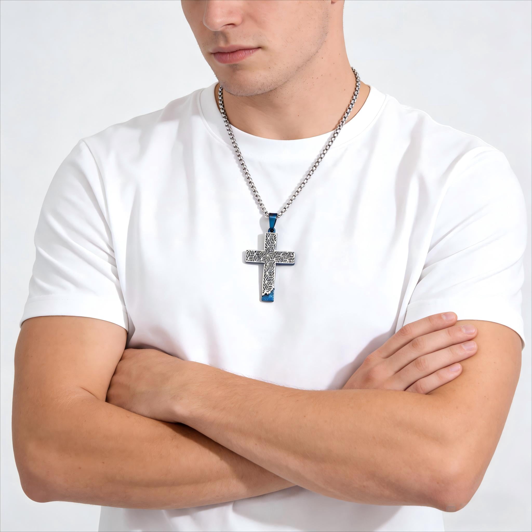 Iron Saints Men Bold Drip Cross Pendant Necklace, Stainless Steel, Men Fashion Steel Pendant