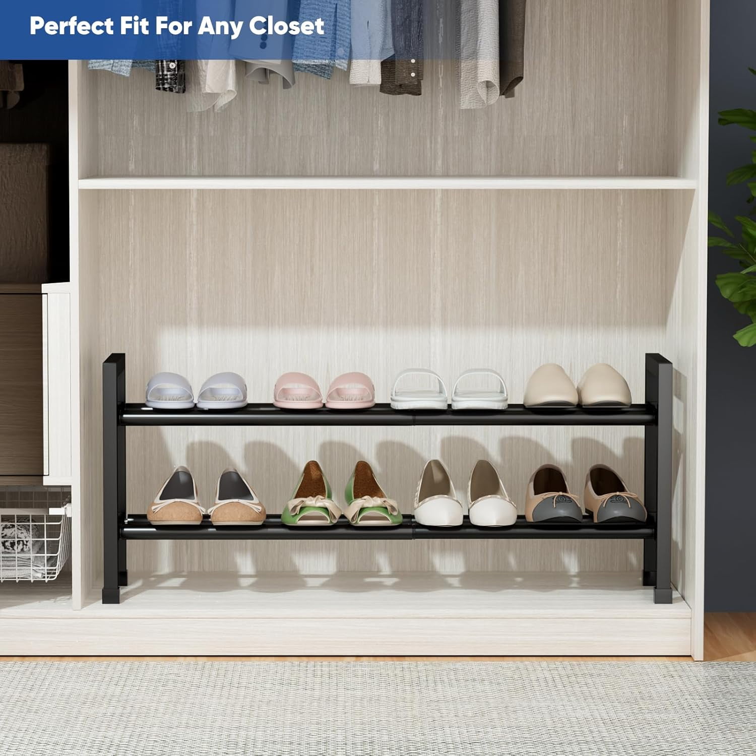 2-Tier Expandable Shoe Rack,17"-33" Adjustable Shoe Rack for Closet,Metal Shoes Shelves for Front Door Entrance, Garage & Corridor, Free Standing Shoe Holders, Easy to Assemble,Black