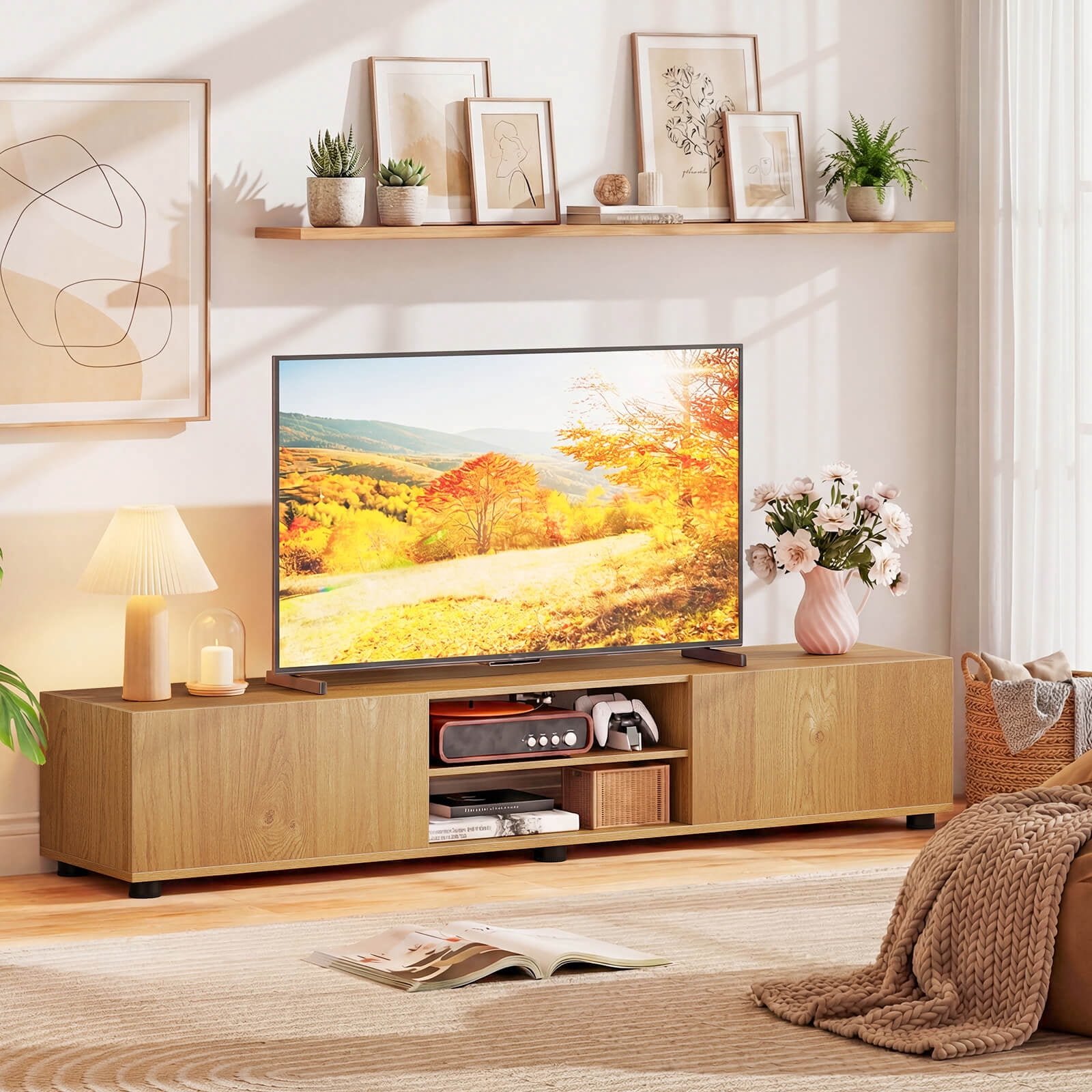 Costway TV Stand for up to 70” TVs, Media Console Table with Double Doors & Open Shelves Natural