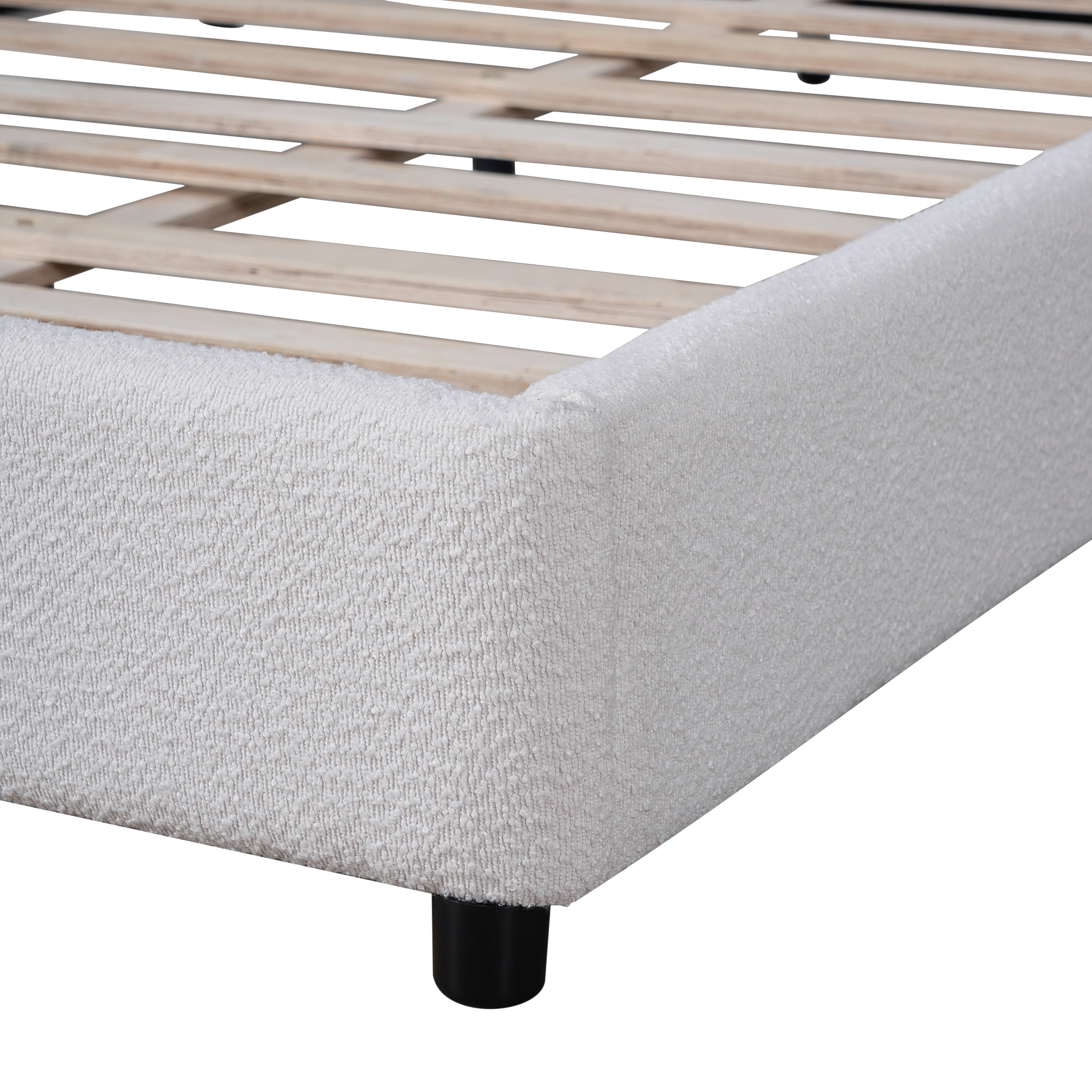 Queen Size Bed Frame with Boucle Upholstered Round Curved Headboard, Platform Bed with Wood Slats for Bedroom, White