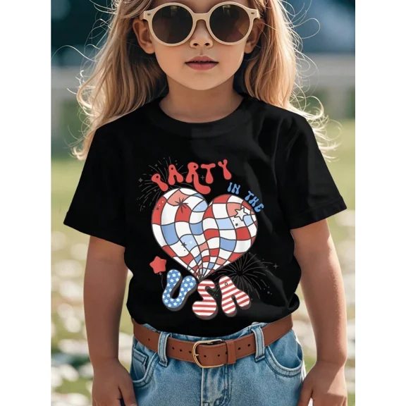 children’s wear Retro Party in the USA Heart Graphic T-Shirt for Girls, Cute 4th of July Patriotic Toddler Kids Tee, Red White and Blue Independence Day Summer Top