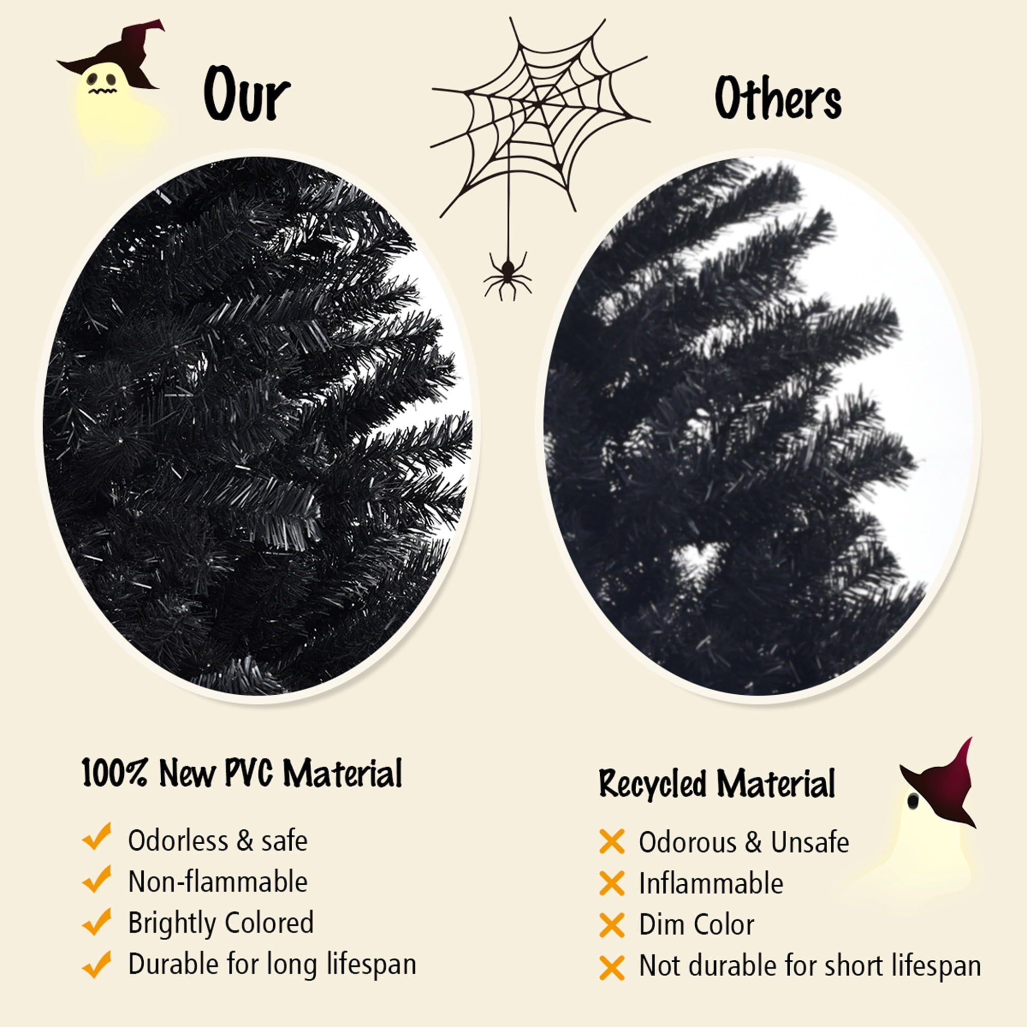 Gymax 6FT Artificial Halloween Christmas Tree Hinged Pine Tree Holiday Decoration Black
