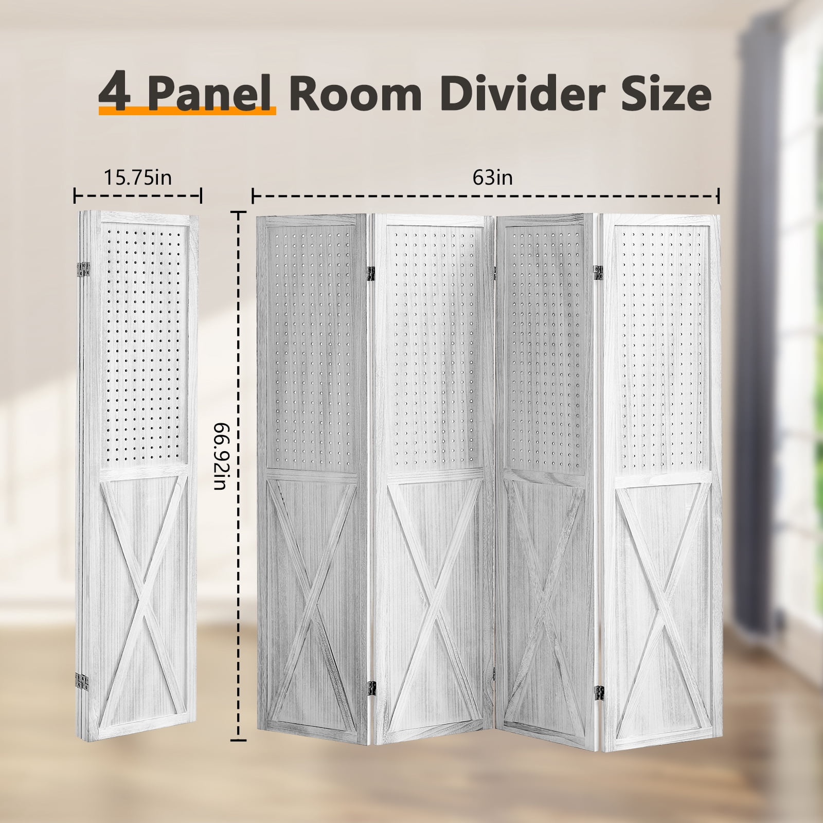 Aletheiawu 4 Panel Wood Room Divider, Folding Privacy Screens,No Installation Required, White