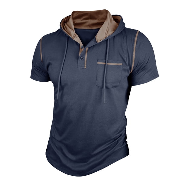 Mens Casual Manga Corta Botón Abajo Camisas Botón con Capucha Sólida Camisa de Parche, Camisas de Manga Larga Casual Elegante para Diario