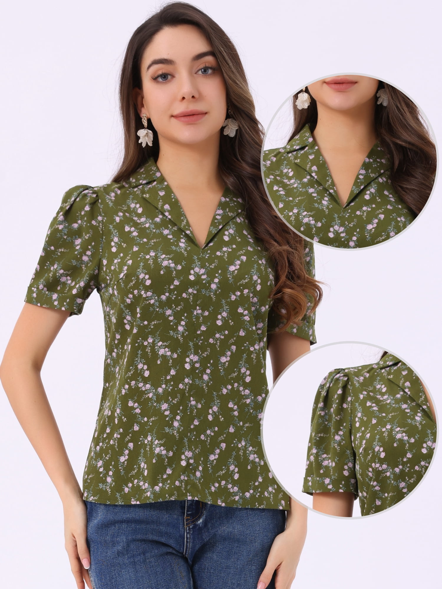 DARING DIVA Women's Short Sleeve V Neck Notch Lapel Collar Shirt S Olive Green