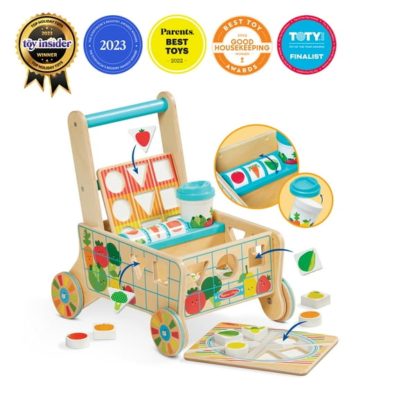 Melissa & Doug Wooden Shape Sorting Grocery Cart Push Toy and Puzzles
