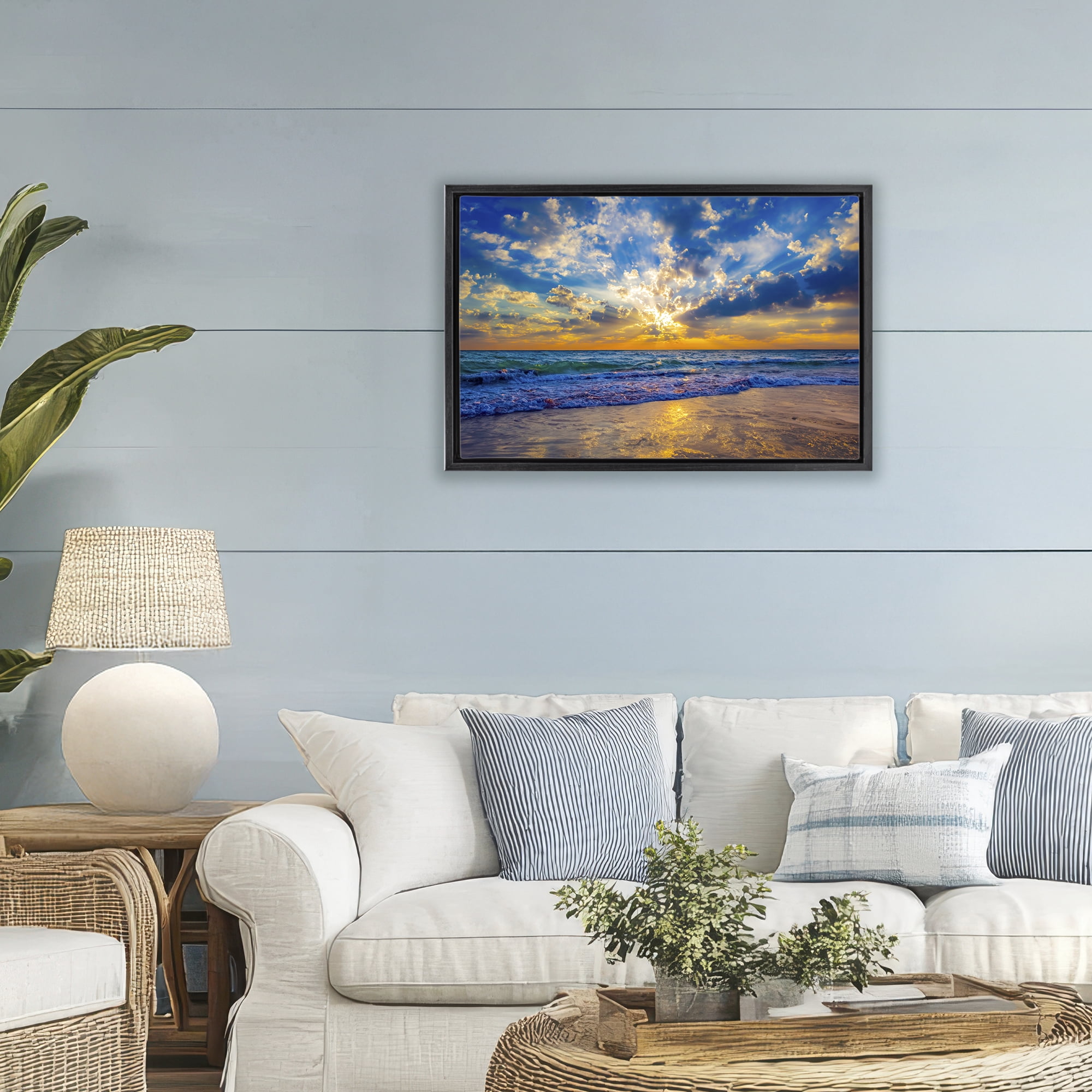 Stupell Industries Golden Blue Sun Ray On Beach Black Framed Floater Canvas Wall Art, design by Eszra Tanner