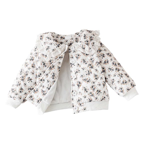 Vdoaml Girls Floral Quilted Padded Jacket Kids Lace Doll Collar Button Casual Coat Children Winter Warm Outerwear 18-24 Months White