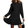 thumbnail image 2 of Robe Chandail en Tricot Torsadé pour Femmes, Col Ras du Cou, Manches Longues, Mini-Robe Plissée, Style Deux-en-un, Robe Patchwork, Noir, P, 2 of 8