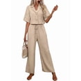 thumbnail image 3 of Women'S Casual 2 Piece Set V-Neck Short-Sleeved Tops Straight Wide Leg Pants Outfit Khaki S, 3 of 9