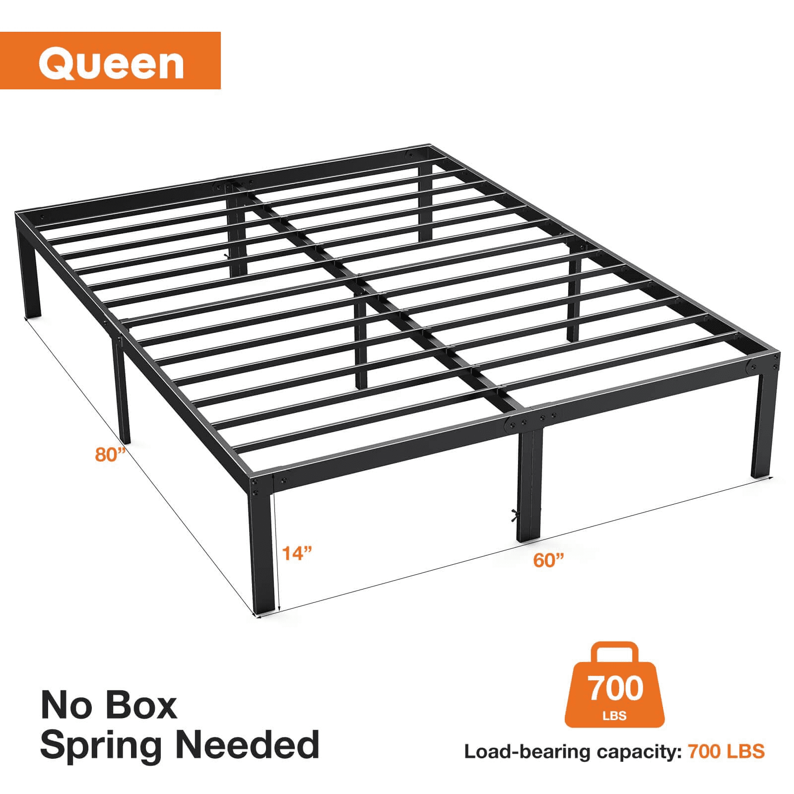 MAYEERTY 14" Queen Metal Bed Frame - Heavy Duty, Underbed Storage, No Box Spring, Black