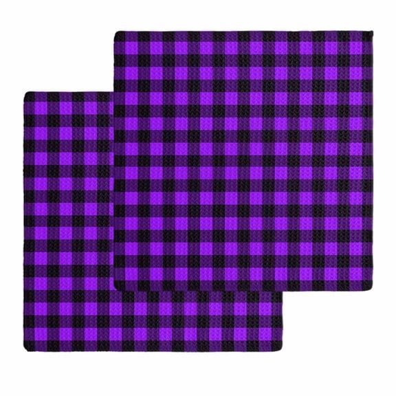 Black Purple Plaid Kitchen Dish Towels for Drying Dishes Set of 2, Farmhouse Simple Buffalo Checked Waffle Weave Microfiber Hand Tea Bathroom Towels Quick Dry & Absorbent Towel 12x12