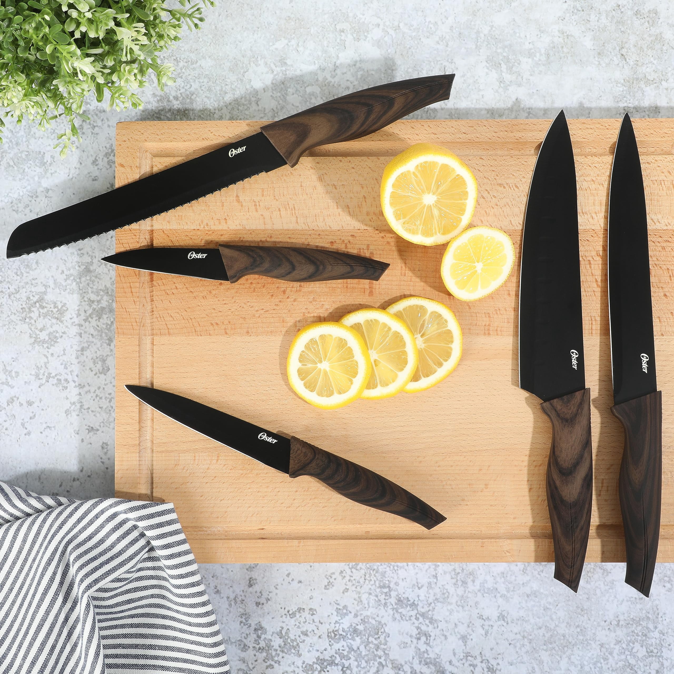 Oster Godfrey 5-Piece Kitchen Cutlery Knife Set w/Black Blade and Wood Look Handle