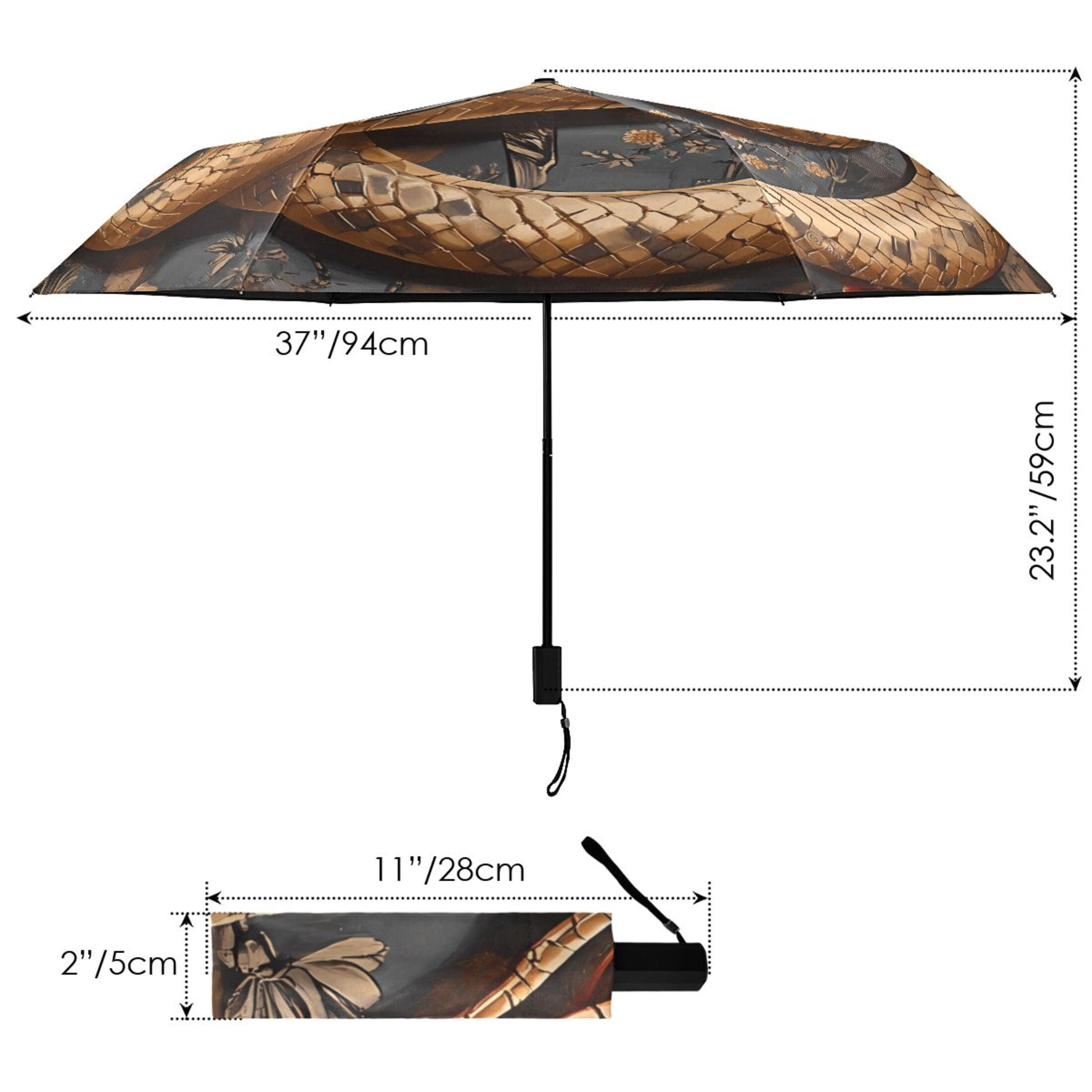 Golden Snake and Rose Compact Sun Umbrella Windproof Travel Umbrellas for Rain Strong Portable UV Protection