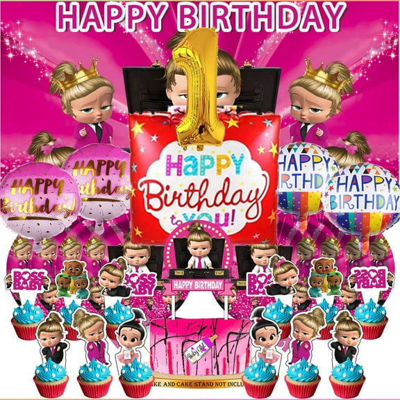 Boss Baby White Girl 1st Tableware Balloons Cake Toppers Backdrop Banner Supplies Party Decor Plates Decorations