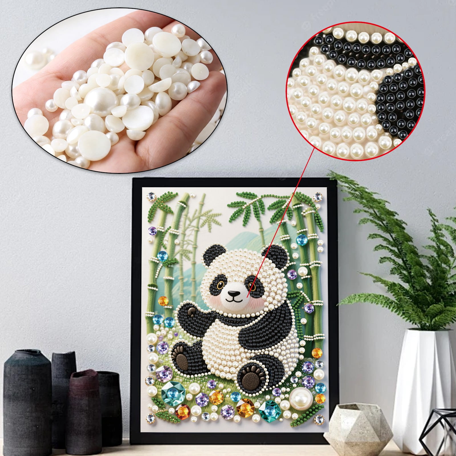 FLOPESN DIY Gemstone Pearl Painting Kit - 9.84x13.78 Inch Frameless Colourful Canvas Art for Adults, Stress Relief Craft & Home Wall Decor-Panda